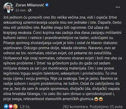Komentar Zorana Milanovića na Facebooku